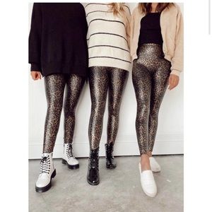 Spanx High Rise Black and Gold Faux Leather Leopard Print Leggings